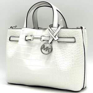 Michael Kors Carson Small Crocodile Embossed Satchel Bag Optic White